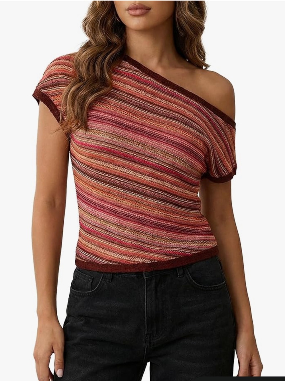 Orange and Brown Multi Striped Off-Shoulder Knit Top